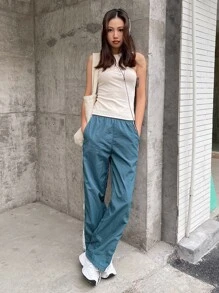 DAZY Solid Asymmetrical Neck Tank Top - Beige - View 8