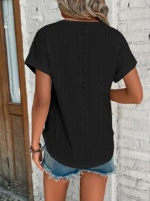SHEIN LUNE 網眼刺繡蝙蝠袖T恤 - 黑色 - 查看 2