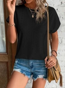 SHEIN LUNE 網眼刺繡蝙蝠袖T恤 - 黑色 - 查看 5