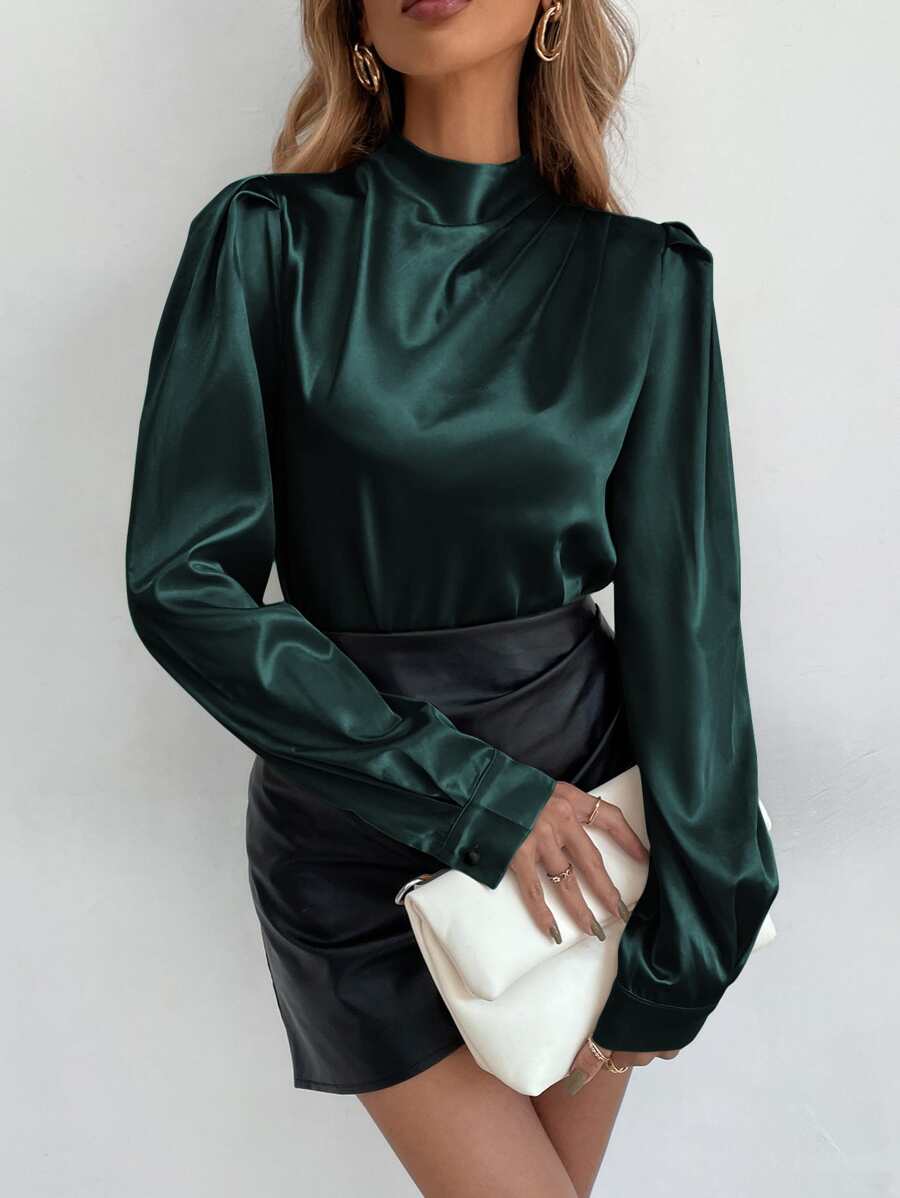Chiquease Satin Mock Neck Puff Sleeve Blouse - Dark Green - View 1