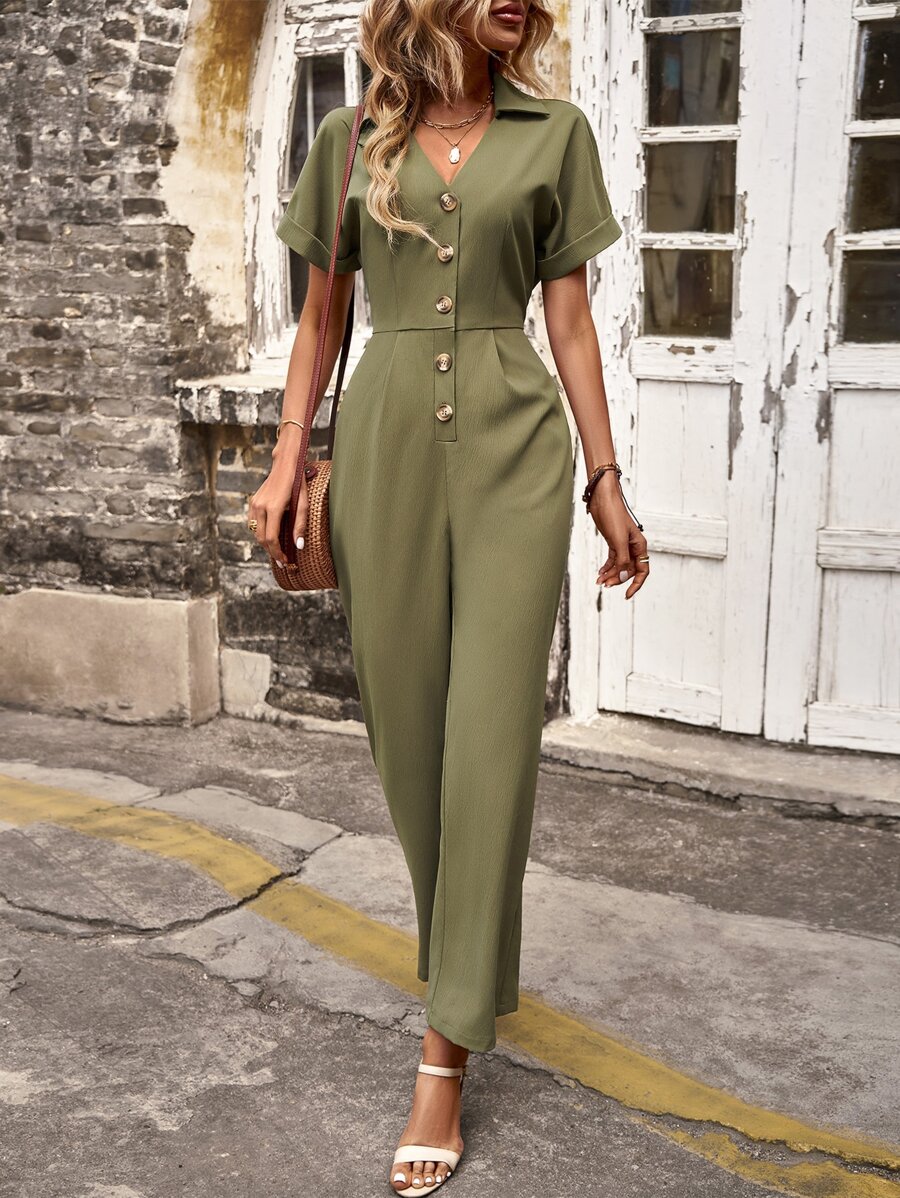 SHEIN LUNE Solid Button Front Batwing Sleeve Jumpsuit Without Belt - Army Green - View 1