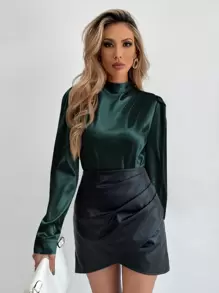 Chiquease Satin Mock Neck Puff Sleeve Blouse - Dark Green - View 3