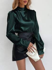 Chiquease Satin Mock Neck Puff Sleeve Blouse - Dark Green - View 5