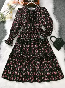 SHEIN Tween Girl Ditsy Floral Flounce Sleeve Frill Trim Dress