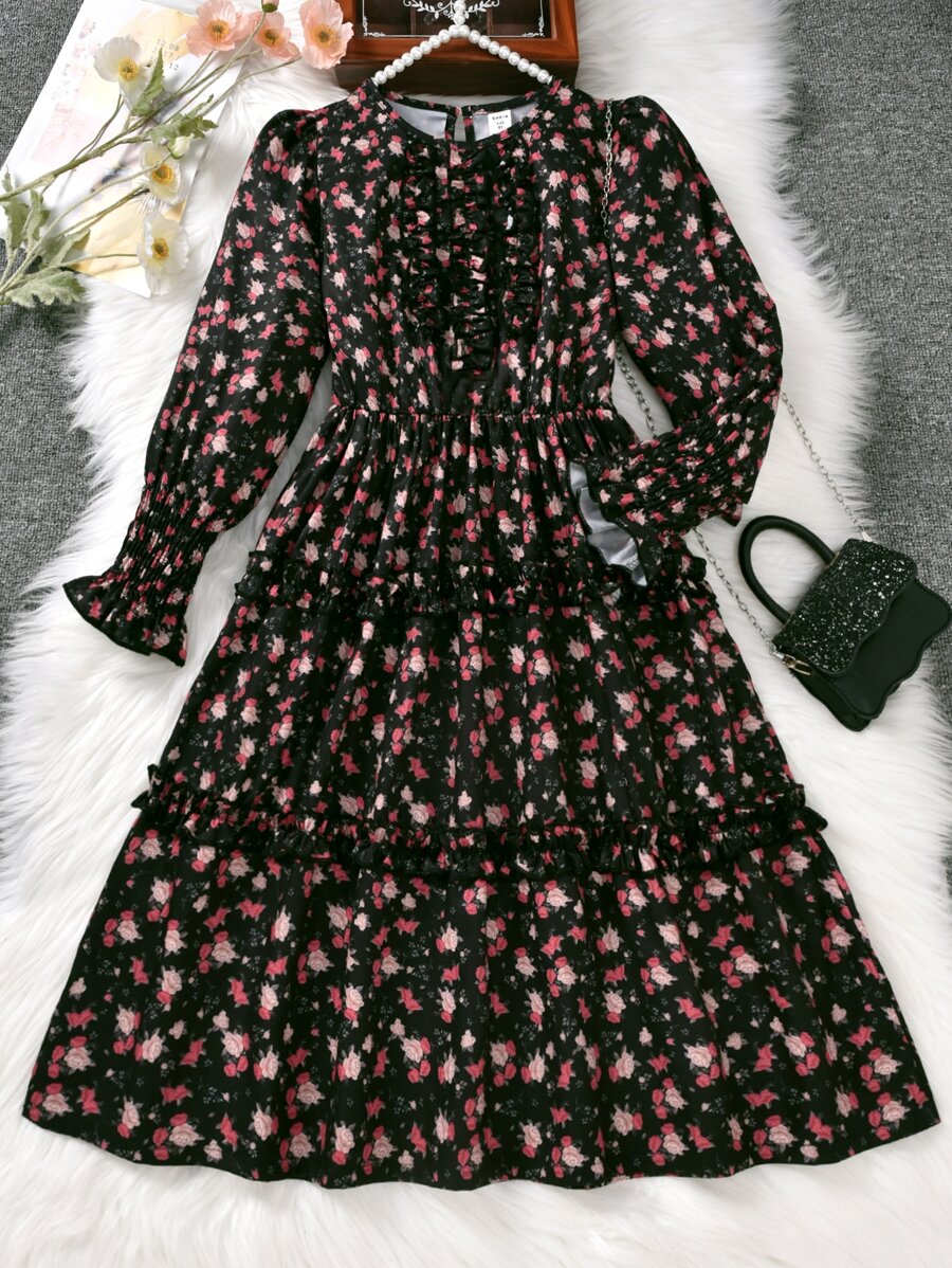 SHEIN Tween Girl Ditsy Floral Flounce Sleeve Frill Trim Dress