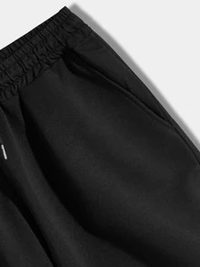 ROMWE MEN Guys Letter Graphic Striped Trim Drawstring Waist Shorts - Black - View 4