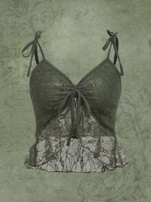 ROMWE Fairycore Lace Knot Cami Top - Dark Green - View 1