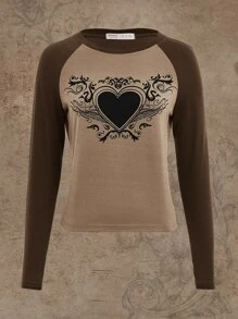 ROMWE Fairycore Heart Print Raglan Sleeve Tee - Multicolor - View 1