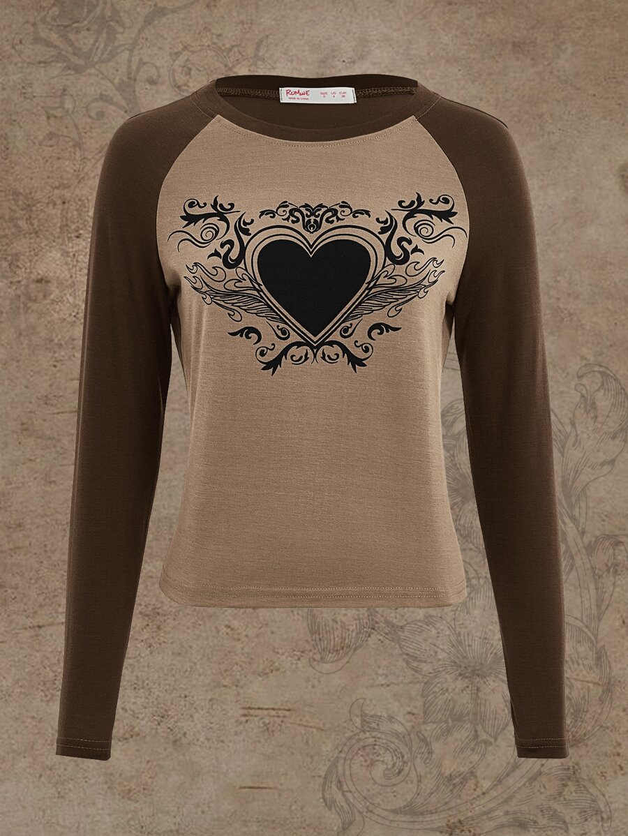 ROMWE Fairycore Heart Print Raglan Sleeve Tee - Multicolor - View 1