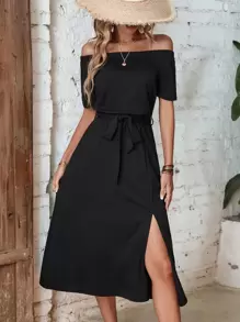 Breezaya 一字肩高衩繫腰帶連衣裙