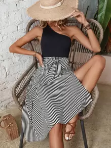 Breezaya Striped One Shoulder Belted Dress - Black and White - View 3