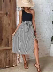 Breezaya Striped One Shoulder Belted Dress - Black and White - View 4