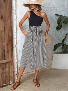 Breezaya Striped One Shoulder Belted Dress - Black and White - View 5