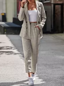 SHEIN LUNE 格紋印花西裝領西裝外套和褲子
