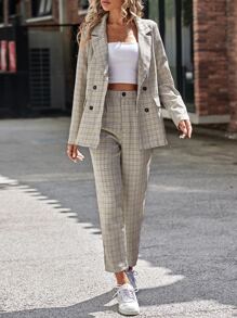 SHEIN LUNE 格紋印花西裝領西裝外套和褲子