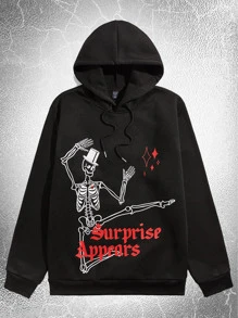 ROMWE MEN Goth Hombres Capucha con letra con estampado de cráneo con cordón - Negro - Ver 1