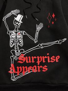 ROMWE MEN Goth Hombres Capucha con letra con estampado de cráneo con cordón - Negro - Ver 3