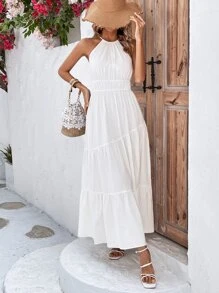 SHEIN VCAY Đầm Viên lá sen Buộc lại màu trơn Giải trí - trắng - Xem 3