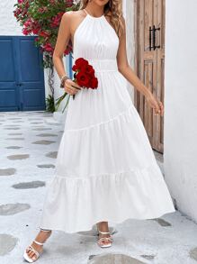 SHEIN VCAY Đầm Viên lá sen Buộc lại màu trơn Giải trí - trắng - Xem 5