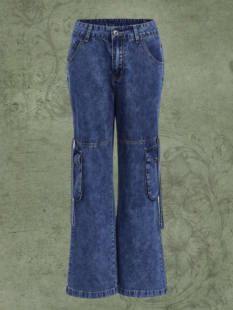 ROMWE Fairycore Pocket Side Wide Leg Jeans - Dark Wash - View 1