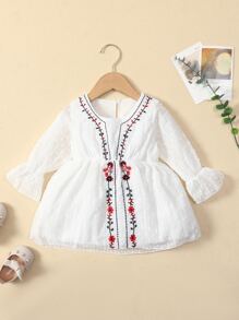 嬰兒花卉刺繡圓點荷葉袖連衣裙 - 白色 - 查看 1