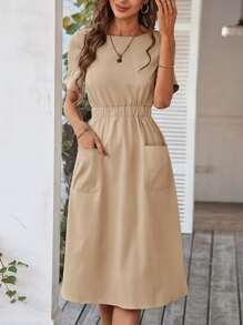 SHEIN LUNE Button Detail Tie Back Dual Pocket Dress - Khaki - View 1