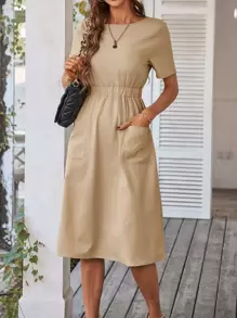 SHEIN LUNE Button Detail Tie Back Dual Pocket Dress - Khaki - View 3