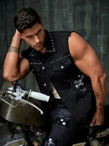 Manfinity NXTstreet Men Cotton Studded Detail Ripped Vest Denim Jacket - Black - View 3