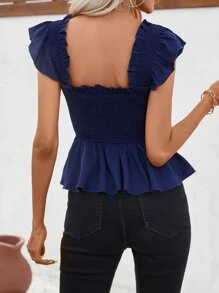 SHEIN LUNE Blusa con volantes y detalle fruncido, con dobladillo de volantes y corte peplum