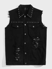 Manfinity NXTstreet Men Cotton Studded Detail Ripped Vest Denim Jacket - Black - View 4