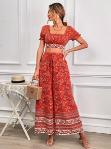 SHEIN VCAY Floral Print Square Neck Crop Top & Wide Leg Trousers - Multicolor - View 1