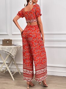 SHEIN VCAY Floral Print Square Neck Crop Top & Wide Leg Trousers - Multicolor - View 2