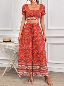 SHEIN VCAY Floral Print Square Neck Crop Top & Wide Leg Trousers - Multicolor - View 3