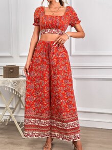 SHEIN VCAY Floral Print Square Neck Crop Top & Wide Leg Trousers - Multicolor - View 6