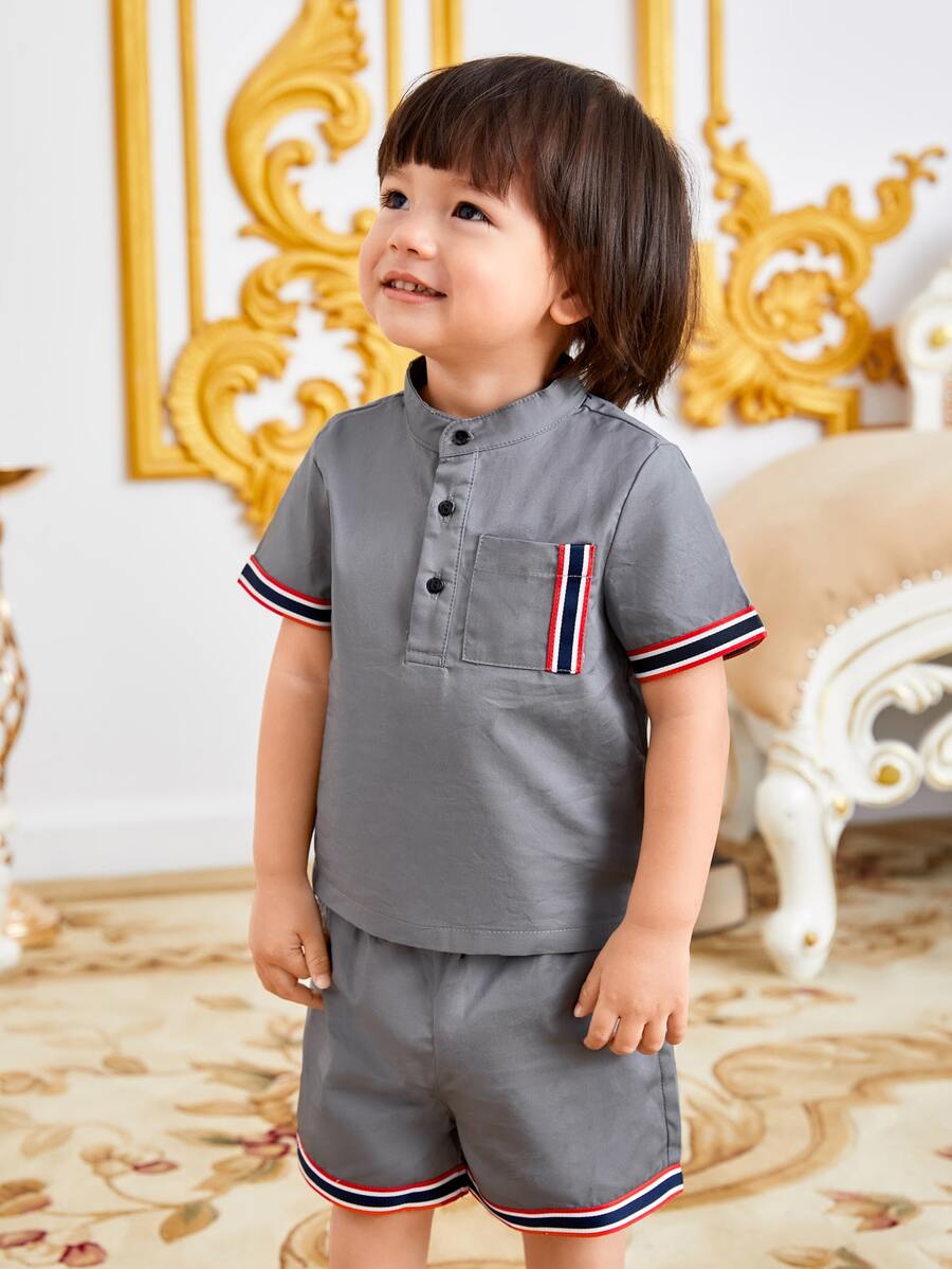 SHEIN 嬰兒條紋織帶邊POLO衫和短褲