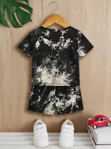 SHEIN 男寶寶杏色和黑色染色休閒t恤和短褲套裝,夏季裝扮的簡單舒適風格 - 米色 - 查看 2