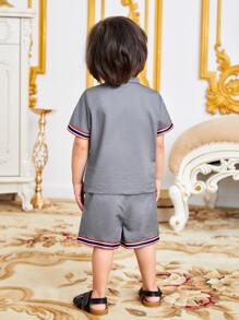 SHEIN 嬰兒條紋織帶邊POLO衫和短褲