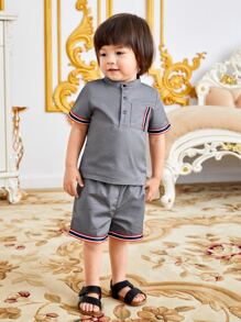 SHEIN 嬰兒條紋織帶邊POLO衫和短褲