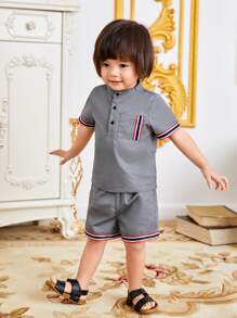 SHEIN 嬰兒條紋織帶邊POLO衫和短褲