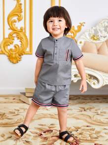 SHEIN 嬰兒條紋織帶邊POLO衫和短褲
