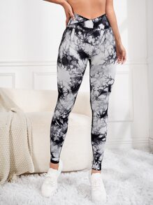 Yoga Trendy 紮染腰部交疊運動打底褲 - 黑與白 - 查看 2