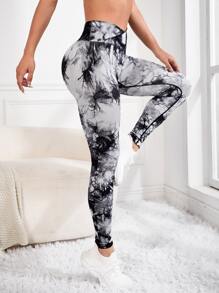 Yoga Trendy 紮染腰部交疊運動打底褲 - 黑與白 - 查看 4