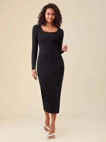 SHEIN BASICS Solid Square Neck Bodycon Dress - Black - View 3