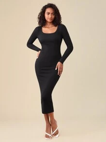 SHEIN BASICS Solid Square Neck Bodycon Dress - Black - View 4