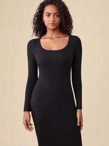 SHEIN BASICS Solid Square Neck Bodycon Dress - Black - View 5