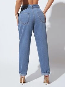 SHEIN SXY 素色腰帶牛仔褲 - 中等水洗藍 - 查看 3