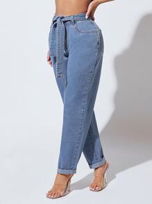 SHEIN SXY 素色腰帶牛仔褲 - 中等水洗藍 - 查看 2