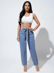 SHEIN SXY 素色腰帶牛仔褲 - 中等水洗藍 - 查看 1