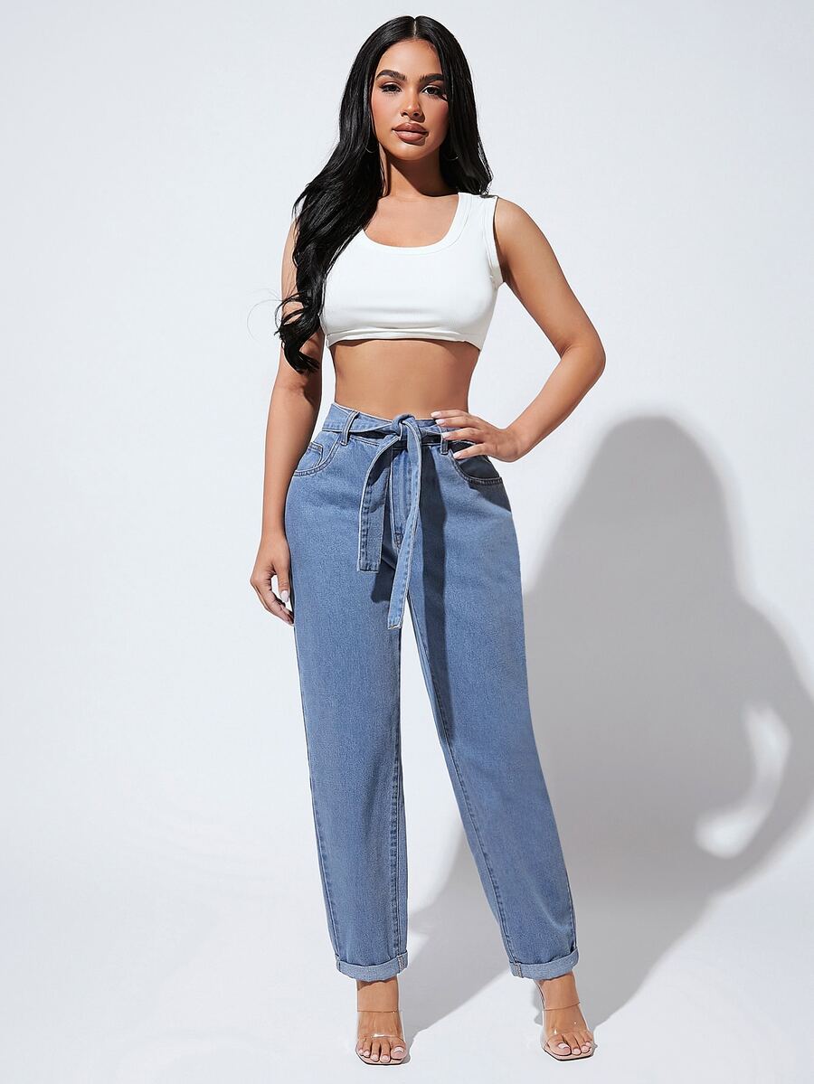 SHEIN SXY 素色腰帶牛仔褲 - 中等水洗藍 - 查看 1