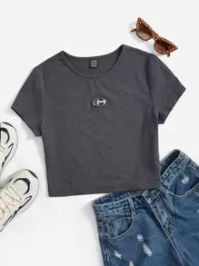 SHEIN EZwear Áo thun nữ Đắp vá Gân đan Lá thư Giải trí - Màu xám đen - Xem 1